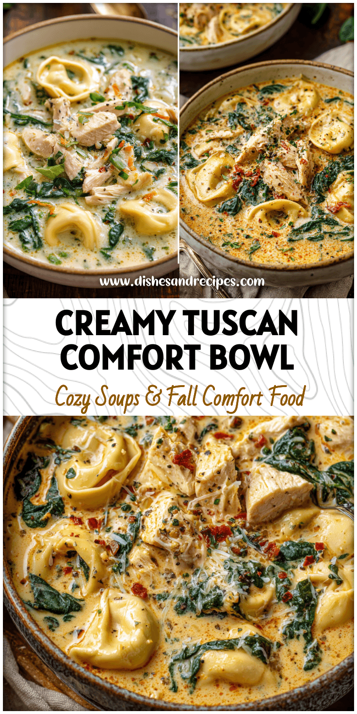 Bowl of creamy chicken tortellini soup with spinach and Tuscan herbs on a rustic table